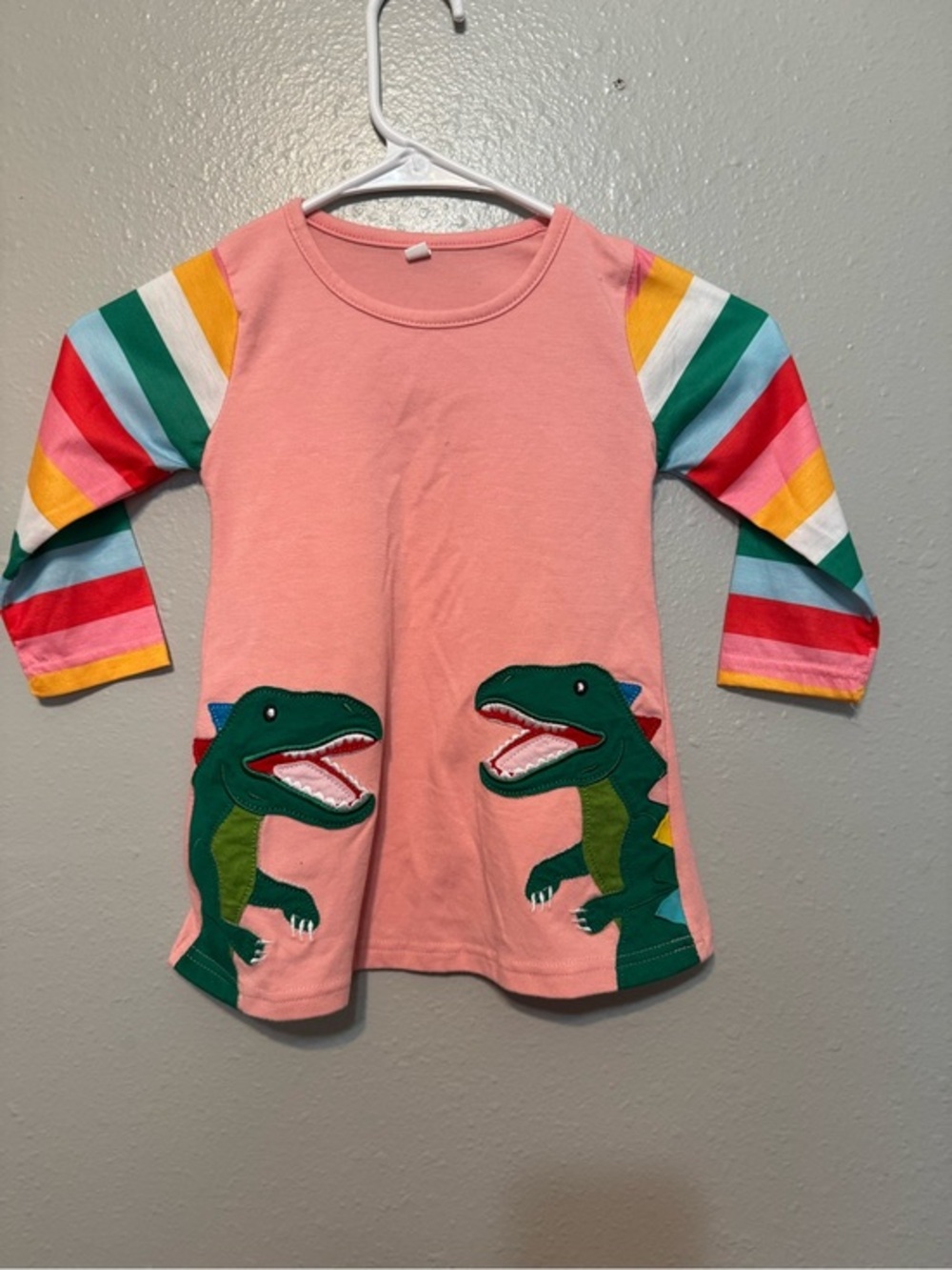 Girl's Pink Dinosaur Stripe Sleeve Tunic Top